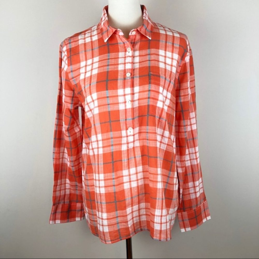 J. Crew Gauzy Cotton Plaid Popover Shirt Orange